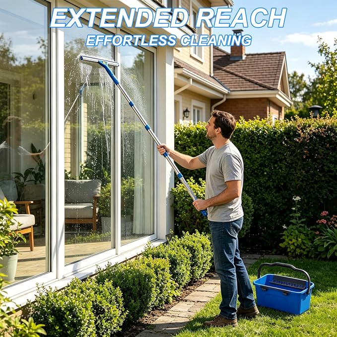 Professional Window Cleaning Kit with 76" Pole,Bucket 3 Gallon,Streak-Free | Includes14"Silicone Squeegee,Microfiber Scrubber,Towel Window Washing for Home, Outdoor, Car & Commercial Use