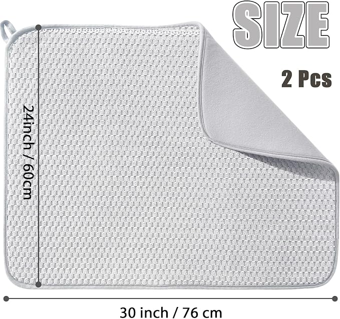 2 Pack Microfiber Dish Drying Mat,30*24 inch Absorbent Dish Drainer Kitchen Counter,Large Size Dish Drying Pad for Countertops,Sinks,Draining Racks(Gray)