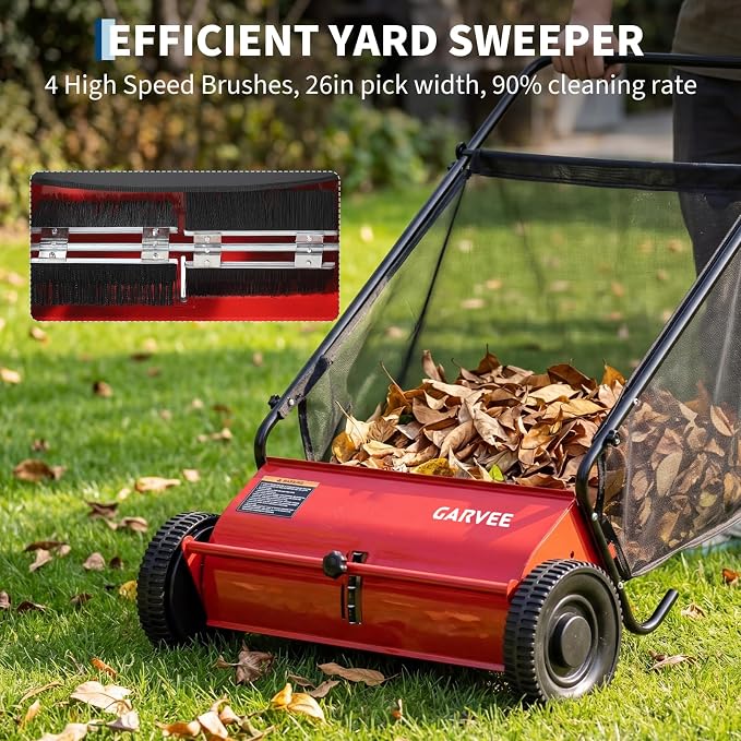 Push Lawn Sweeper 26Inch-Heavy Duty Walk Behind Leaf Collector and Yard Sweeper for Outdoor,Patio,Driveway,Garden Grass Sweepers,4 High Speed Spinning Brush,7 Cu. ft. Hopper Capacity | Yard Sweeper for Outdoor,Patio,Driveway,Garden Grass Sweepers,4 Hig...