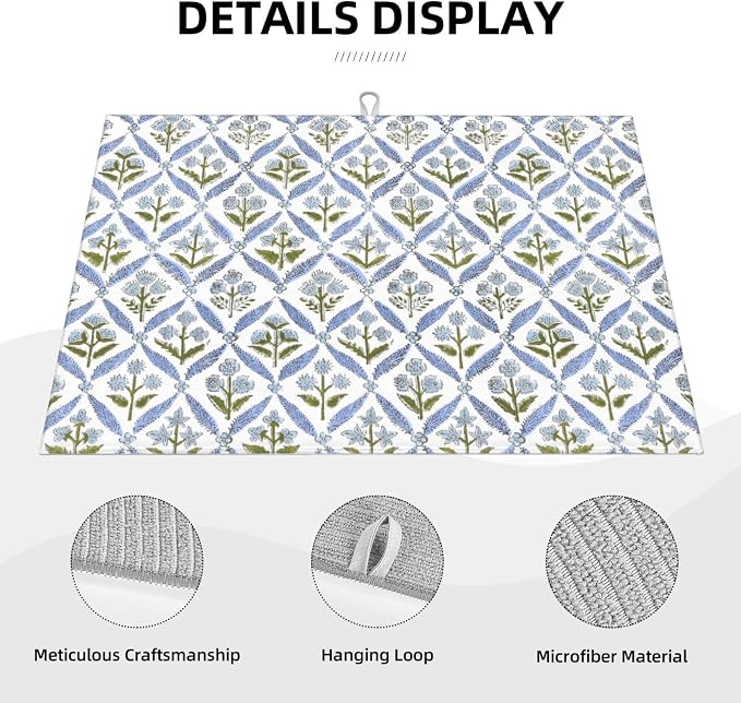 Boho Dish Drying Mat 18x24 Inches For Kitchen Counter Block Print Blue Floral Kitchen Decoration Drying Mat Modern Decorative Flower Drying Pad Mat for Home Kitchen Decor,Dining Room,Office
