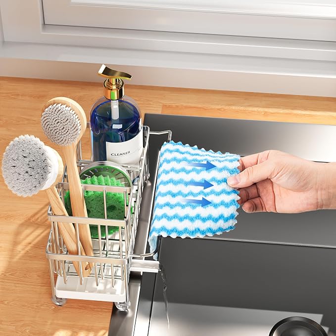 Cisily Sponge Holder for Kitchen Sink, Sink Caddy Organizer with High Brush Holder, Kitchen Countertop Organizers and Storage Essentials, Rustproof 304 Stainless Steel (Silver with Towel Rack, 9.25″)