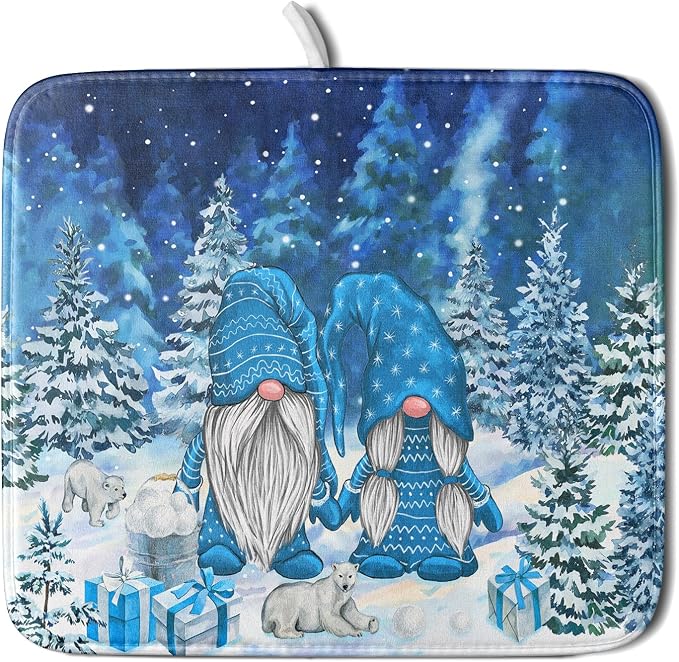 Winter Blue Gnome Dish Drying Mat for Kitchen Counter Pine Tree Microfiber Dish Pad Absorbent Reversible Fast Dry Draining Mats 16x18 Inch