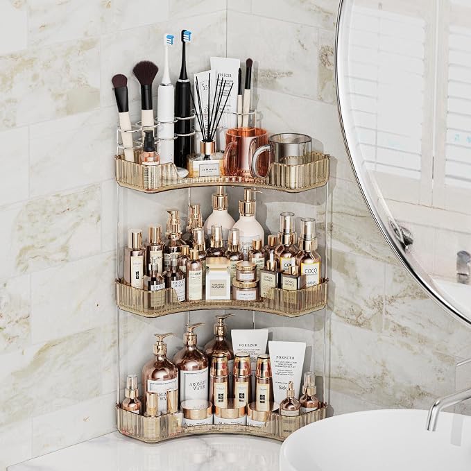 Asayuee 3-Tier Corner Bathroom Counter Organizer with Top Toothbrush Holders,Large Makeup Organizer Countertop with Brush Holder,Skincare Organizers Corner,Exquisite Vanity Organizer (Gold, 3 Tier)