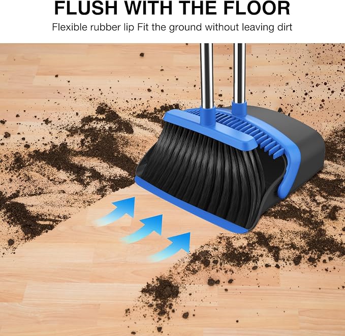 NACENA Broom and Dustpan Set, 52-in Long Adjustable Handle Broom Dustpan Combo with Dustpan Teeth to Automatically Clean Hair Suitable for Home Kitchen Office Hall Floor (Black&Blue),3 Pack