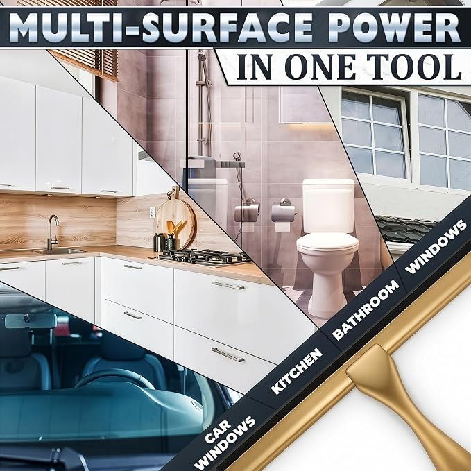 Gold Squeegee for Shower Glass, 10" Silicone Blade, Stainless Steel | Shower Door Squeegee with Hook, Adhesive Mount; All-Purpose Bathroom Tile, Mirror, & Window Wiper for Streak-Free Cleaning