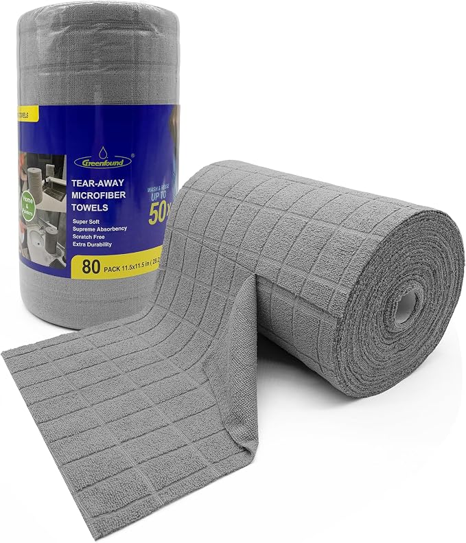 Greenfound Microfiber Cleaning Cloth Roll, 80 Pack Tear Away Towels, Reusable Washable Lint Free Scratch Free Absorbent Cleaning Rags for Kitchen Home Car Window Glass, 11.5 x 11.5 Inch Check Grey