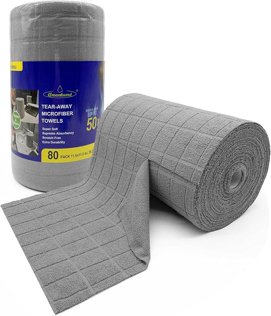 Greenfound Microfiber Cleaning Cloth Roll, 80 Pack Tear Away Towels, Reusable Washable Lint Free Scratch Free Absorbent Cleaning Rags for Kitchen Home Car Window Glass, 11.5 x 11.5 Inch Check Grey