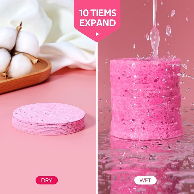 GAINWELL 50-Count Compressed Facial Sponge for Daily Facial Cleansing and Exfoliating, 100％ Natural Cosmetic Spa Sponges for Makeup Remover, Reusable, Pink