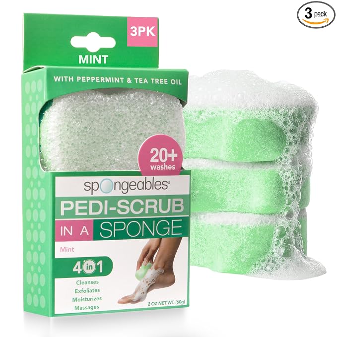 Spongables Pedi Scrub Foot Exfoliating 20+ Wash Sponge, Peppermint and Tea Tree, 3 Count