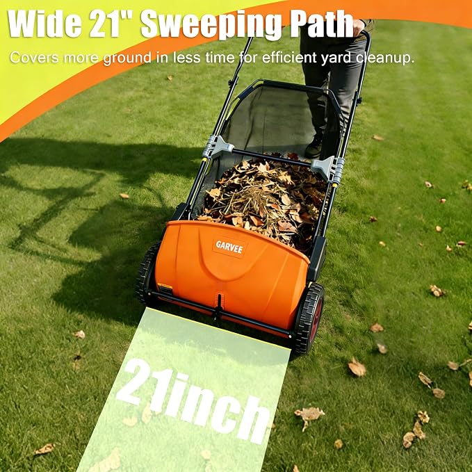 Manual Push Lawn Sweeper 21-Inch, Yard Leaf & Debris Collector with 3.5 Cu. Ft. Collection Bag, Adjustable Brush Height for Lawns & Driveways, Foldable Storage Design | 3.5 Cu. Ft. Hopper Bag, Height-Adjustable Brushes, Space-Saving Foldable Design, La...