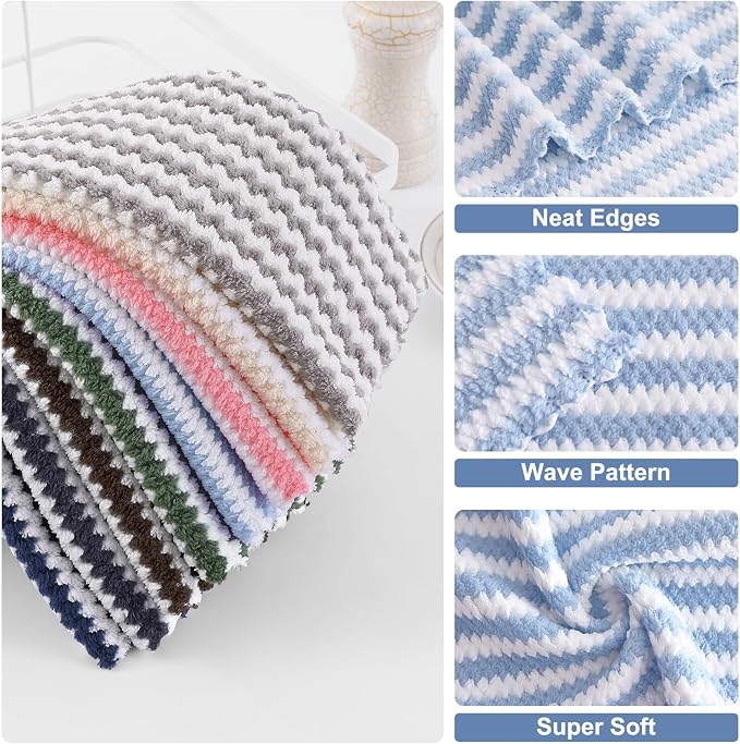 Homaxy Kitchen Towels(12 Pack, 10 x 20 inches), Ultra Soft and Absorbent Dish Towels, Reusable Fast Drying Microfiber Cleaning Cloth, Coral Velvet Wave Design No-lint, Blue