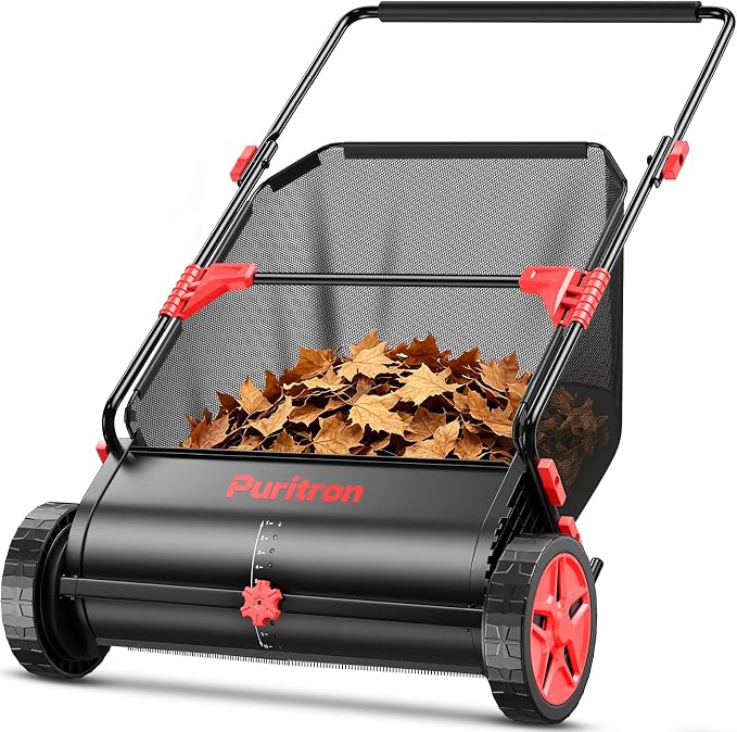 Push Lawn Sweeper, 26 Inch Leaf & Grass Collector, Strong Rubber Wheels & Heavy Duty Thickened Steel Durable to Use with Large Capacity 7 ft³ Mesh Collection Bag, 4 Spinning Brushes