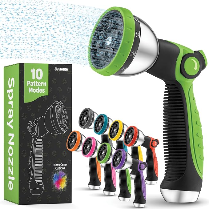 Hose Nozzle [Green] Heavy Duty Hose Sprayer With 10 Adjustable Watering Patterns. Thumb Control Design, Comfortable Ergonomic Grip, Garden Hose Nozzle for Watering Plants & Lawns/Fun showers/Cleaning