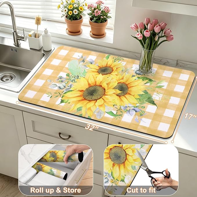 LOKHOM Dish Drying Mat for Kitchen Counter, 17"x32" Absorbent Coffee Bar Mat with Sunflowers, Vintage Floral Dish Drainer Rack Mat for Decoration