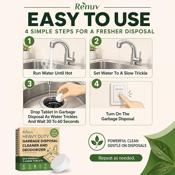 Renuv® Garbage Disposal Cleaner & Deodorizer Tablets, 12 XL Tablets | Foaming Citrus Scent, Drain Freshener, Kitchen Sink Odor Refresher For Garbage Disposer Cleaning