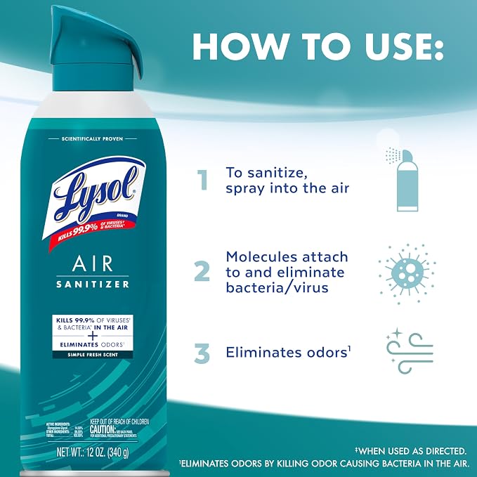 Lysol Air Sanitizer with Bacterial Odor Eliminator for Home & Office, Air Freshener Alternative, Simple Fresh Scent, 10 oz (Pack of 3)