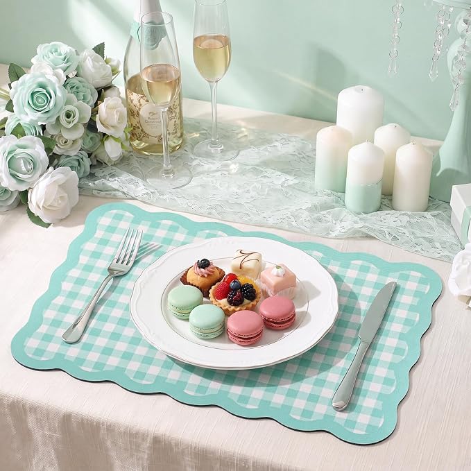 Scalloped Gingham Coffee Mat 12" x 20" Absorbent Coffee Bar Mat Gingham Espresso Matt for Counter(Blue)