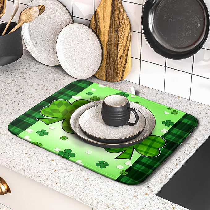 St Patrick's Day Shamrocks Dish Drying Mat 16x18 Inch - Lucky Clovers Kitchen Spring Irish Green Buffalo Check Plaid Pad - Absorbent Microfiber for Coffee Bar