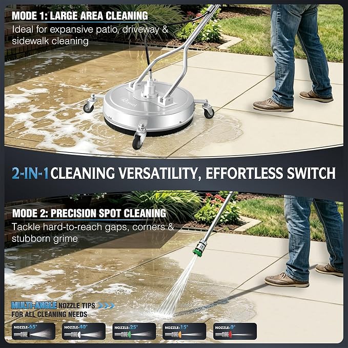 RAYNEL 20" Pressure Washer Surface Cleaner, Power Washer Accessory | Stainless Steel Housing, 4 Wheels, Dual Handles, 2 Hose Adapters, 5 Spray Nozzles & 4 Replacement Nozzles, Max 4000 PSI
