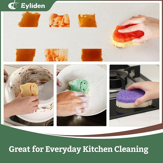 Eyliden 6 Pack Scrub Sponge, Dual-Sided, Smart-Temp Firmness, Dish Scrubber | Non-Scratch, Multi-Surface Safe Cleaning Sponges for Kitchen, Bathroom, Dish Scrubbing, Cute Cat Smile Design