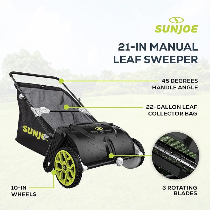 Sun Joe Manual Leaf Sweeper & Lawn Sweeper, 21 in. Push Sweeper with 22-Gal Collection Bag, Adjustable Height, Lightweight, No Battery or Gas Needed