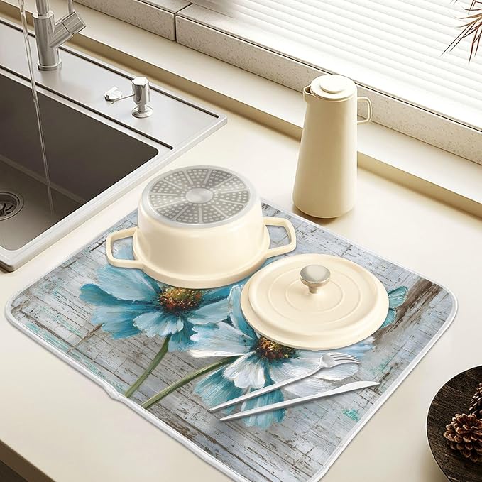 Rustic Teal White Daisy on Vintage Wooden Dish Drying Mat for Kitchen Counter Absorbent Microfiber Small Drying Pad Dish Mats for Kitchen Countertops 16 x 18 Inch