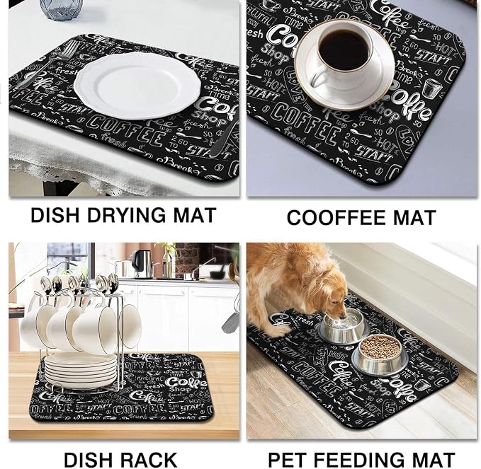 Coffee Bar Mat Accessories for Countertop Super Absorbent Anti-Slip Silicone Dish Drying Mats Kitchen Counter Draining Pad Decor Gift Fit Maker Pot Espresso Machine 24inx18in, (DS)