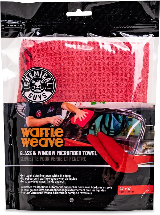 Chemical Guys, Waffle Weave Glass & Window Microfiber Towel, Red, 24 x 16 | Waffle-weave towel wipes glass, mirrors and windows streak-free, scratch-safe for cars, home and mirrors