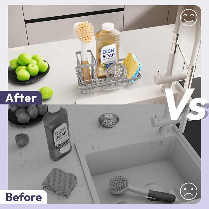 SWTYMIKI Sink Caddy Sponge Holder - Kitchen Sink Organizer with High Brush Holder for Countertop to Hold Dish Soaps and Sponges, Stainless Steel, Gray