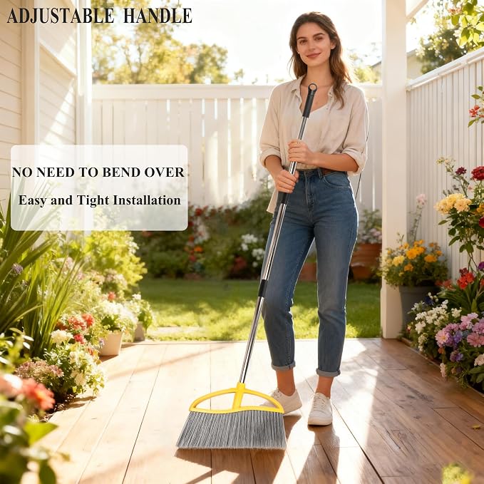 3 Pack Wide Heavy Duty Angle Broom - Stiff Bristle Outdoor Brooms for Sweeping Patio, Garden, Garage, Yard (Black, Yellow, Green)