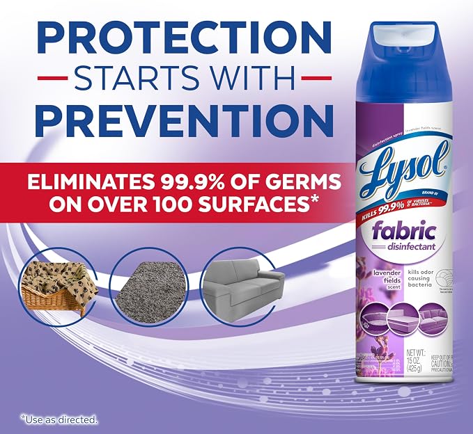 Lysol Fabric Disinfectant Spray, Sanitizing and Antibacterial Spray, For Disinfecting and Deodorizing Soft Furnishings, Lavender Fields 15 Fl. Oz (Pack of 3)