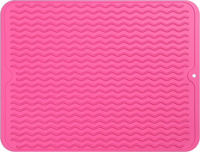 MicoYang Silicone Dish Drying Mat — Quick-Dry Ridges Counter & Sink Pad, Heat-Resistant Trivet to 450°F, Non-Slip & Dishwasher Safe, Roll-Up Storage, 18 Colors & 9 Sizes (Rose, 16"×12")