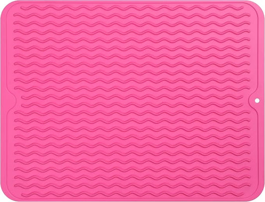 MicoYang Silicone Dish Drying Mat — Quick-Dry Ridges Counter & Sink Pad, Heat-Resistant Trivet to 450°F, Non-Slip & Dishwasher Safe, Roll-Up Storage, 18 Colors & 9 Sizes (Rose, 16"×12")