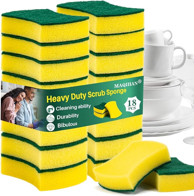 MAQIHAN 18PCS Heavy Duty Scrub Sponge - Dish Scrubber Sponge Non Scratch Double Sided Reusable Cleaning Scouring for Kitchen Dishes, Pots, Pans, Sink Bulk Household Cleaning.