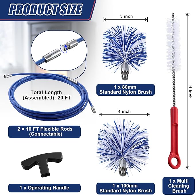 Dreyoo Pellet Stove Cleaning Brush Kit, 20 FT Flexible Steel Rod with 3" & 4" Brush Head, T Handle, Multi Purpose Flue Detail Cleaner, Nylon Stove Flue Pipe Kit for Pellet Furnace Exhaust Pipes