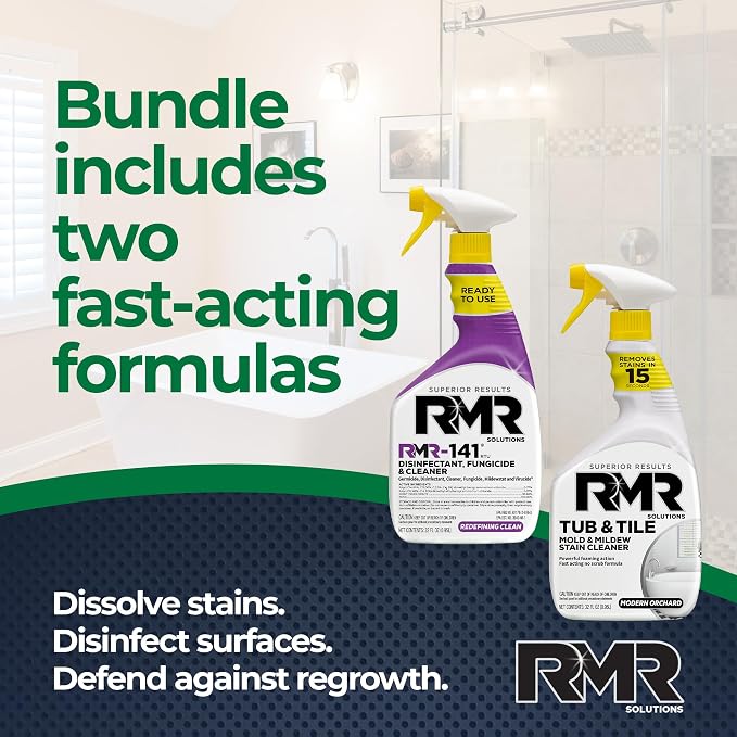 RMR Bathroom Brilliance Bundle – Tub & Tile Stain Spray + RMR-141 EPA Registered Mold & Mildew Remover, 2-Step Bathroom Cleaning & Disinfecting System for Showers, Sinks, Tile, Grout, 2–32 Oz Bottles
