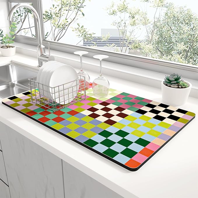 Rnivvi Dish Drying Mat for Kitchen Counter, 12 x 19" Cute Checkered Absorbent Draining Pad, Non-Slip Heat Resistant Coffee Bar Mats for Coffee Machine Station Accessories, Colorful Dish Rack Pad