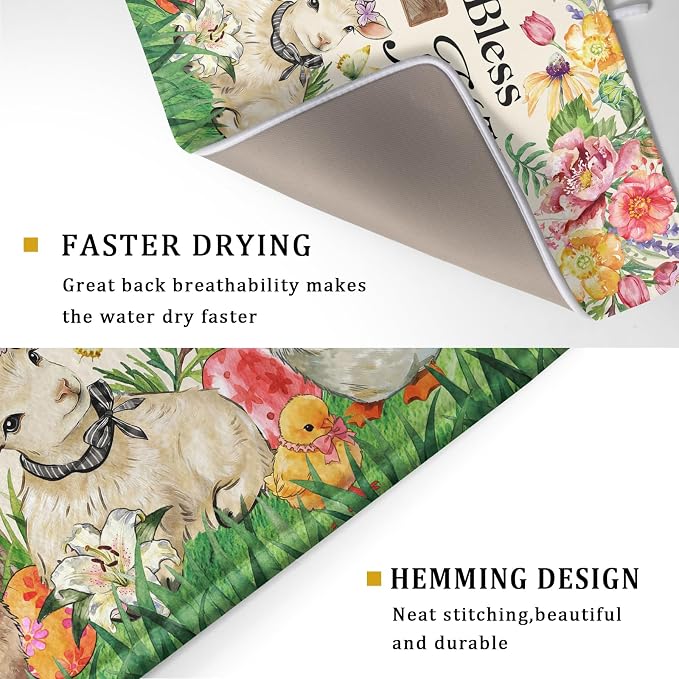 Easter Farmhouse Dish Drying Mat Funny Animal Microfiber Dish Pad for Kitchen Counter Large 18 X24 In