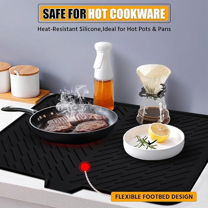 Luxet Silicone Dish Drying Mat with Built-in Drain Lip - Hygienic Drying Pad - Sturdy Compact Easy to Clean Tray Protects Surfaces Prevents Water Build Up - 23 X 17 (Black)