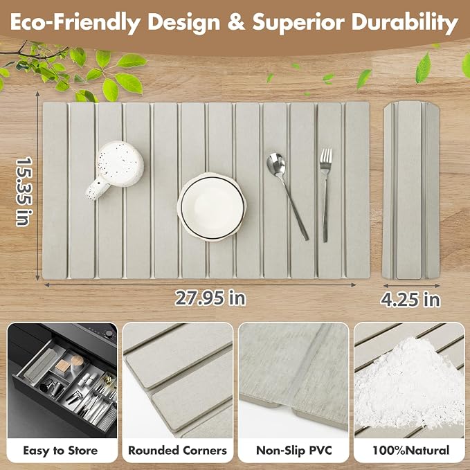 Extra Large Stone Dish Drying Mat for Kitchen Counter, 28"×16" Eco-friendly,Instant Drying Pad,Diatomaceous Earth Water Absorbing Mat, Foldable and Super Absorbent Dish Drying Stone Mat, Warm Gray
