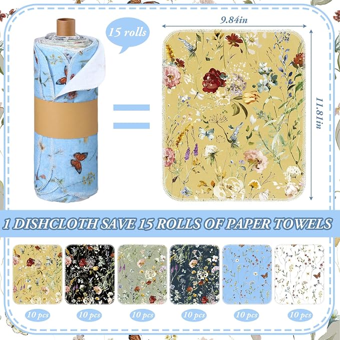 60 Pack Reusable Cleaning Cloths Washable Cotton Kitchen Dish Towels for Home Party Supplies Bulk, 9.84x11.81in (Rich Flowers)