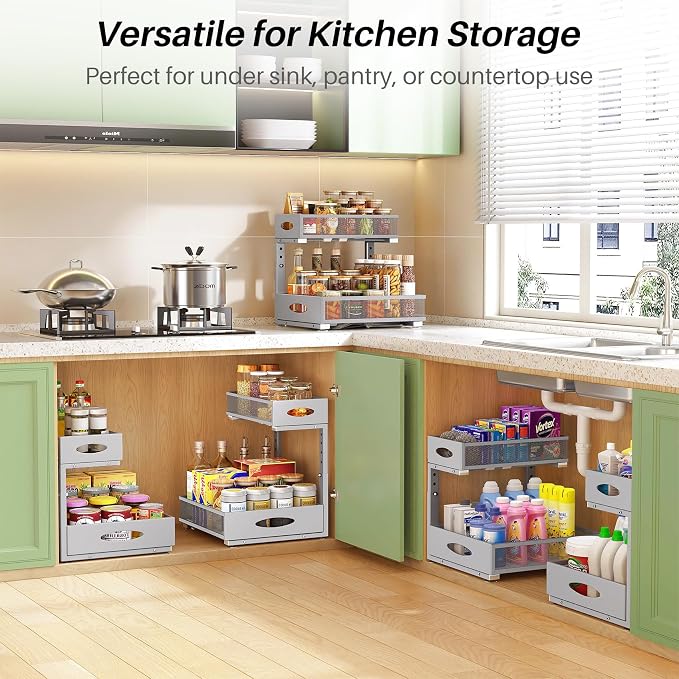 Under Sink Organizer, 2-Pack Pull Out Cabinet Organizer 2 Tier Metal Slide Out Storage Shelf Rack, L-Shaped Adjustable Height,Mesh Sliding Drawer for Kitchen, Bathroom, Laundry, Pantry, Grey, XL