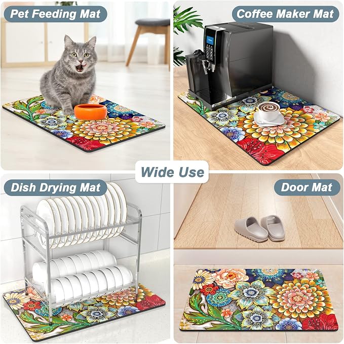 Rnivvi Coffee Mat, 12" x 19" Cute Flower Theme Coffee Bar Mats for Espresso Machine Station Accessories and Organizer, Hide Stain Rubber Backed Absorbent Dish Drying Pad for Kitchen Counter, Mandala