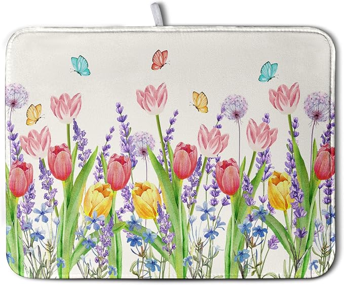 Spring Floral Dish Drying Mat for Kitchen Counter Tulip Lavender Flower Dishes Pad Absorbent Microfiber Dish Draining Mat Washable Dish Drainer Rack Mats Extra Large 18"x24"