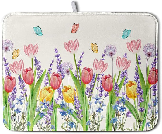 Spring Floral Dish Drying Mat for Kitchen Counter Tulip Lavender Flower Dishes Pad Absorbent Microfiber Dish Draining Mat Washable Dish Drainer Rack Mats Extra Large 18"x24"