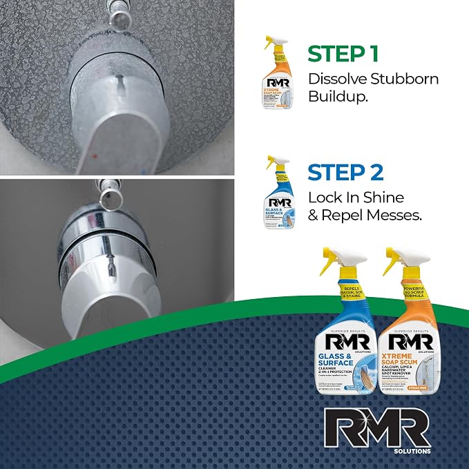 RMR Shower Shield Power Pack – Glass & Surface Cleaner/Repellent + Xtreme Soap Scum Remover, Multi-Surface Cleaning Kit for Bathroom, Tile, Glass, & Surfaces, 2–32 Oz Bottles