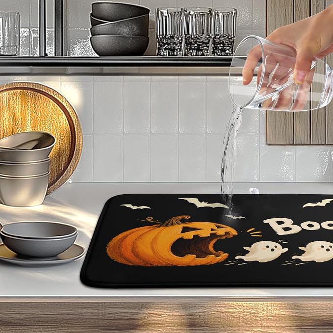 Halloween Ghost Dish Drying Mats Spooky Pumpkin Dish Mat Bat Drying Matt Dishes Dryer Pad for Kitchen Counter Absorbent Microfiber Washable Foldable Reusable 18x24 in