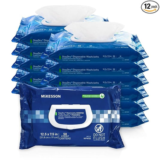 McKesson Disposable Wipe 12 Pack, 600 Washcloths - Large Adult Body and Incontinence Washcloths with Aloe and Vitamin E, Alcohol-Free, 50 Wipes Per Pack