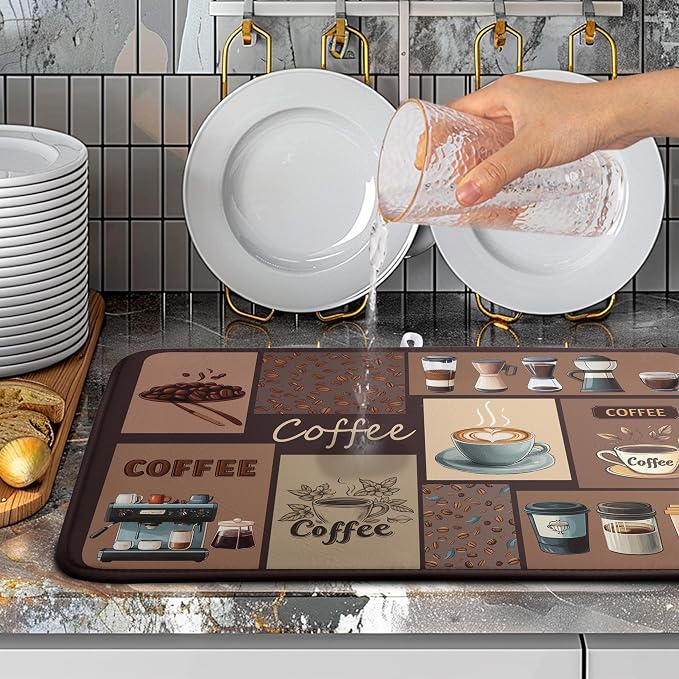 Coffee Theme Dish Drying Mats for Kitchen Counter Absorbent Microfiber Dish Drainer Mats Brown Pattern Coffee Bar Mat for Countertop Washable Dishes Drying Pad Extra Large 18x24 Inch