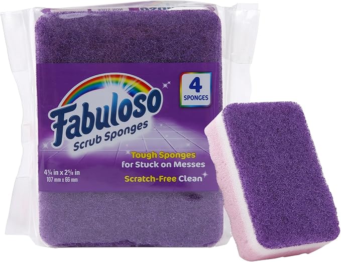 Fabuloso Scratch-Free Kitchen Dish Sponges Purple Cellulose Scrubber Sponge with Scouring Pad Dishes Pots Pans Counters and Sinks Tough on Messes 4.25 x 2.75 x 1.25 in 4 Count Single Pack Value